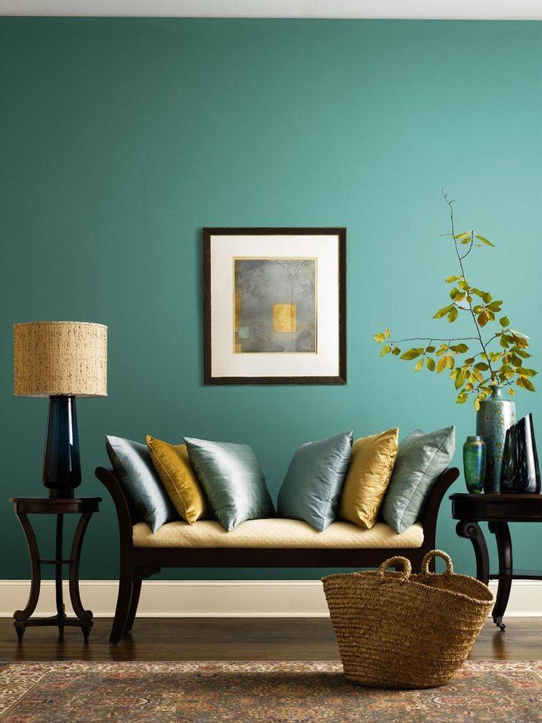 déco salon bleu canard idee couleurs tendance sejour mur coussins