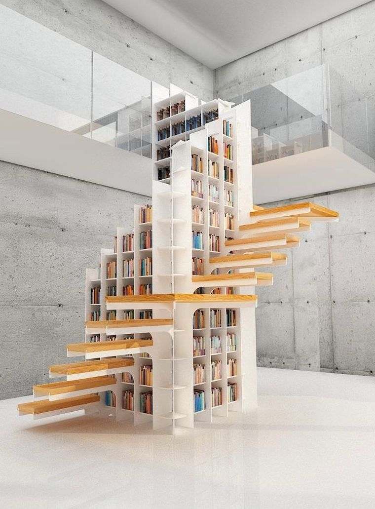 escalier bibliothèque design marches suspendues bois meuble moderne livres