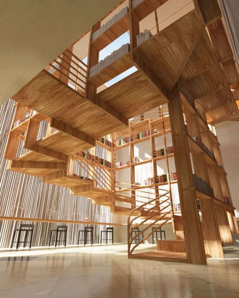escalier bibliothèque design architecture et decoration bois modele bibliotheque bois