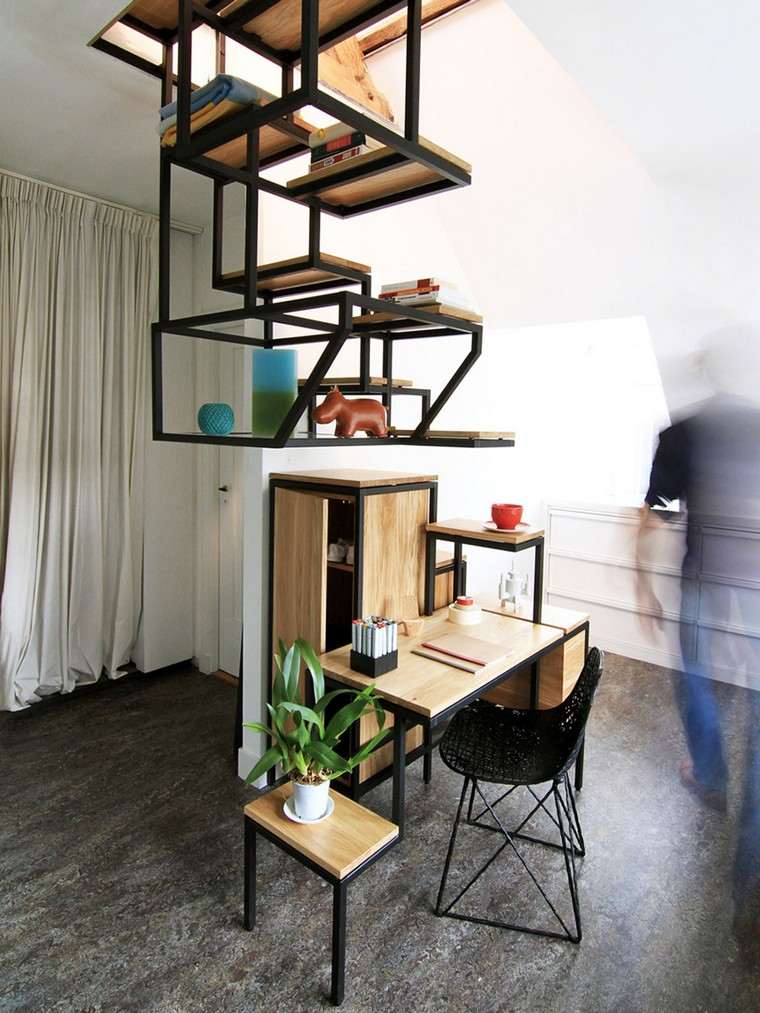 escalier bois métal design moderne chaise noire idée sol béton ciré