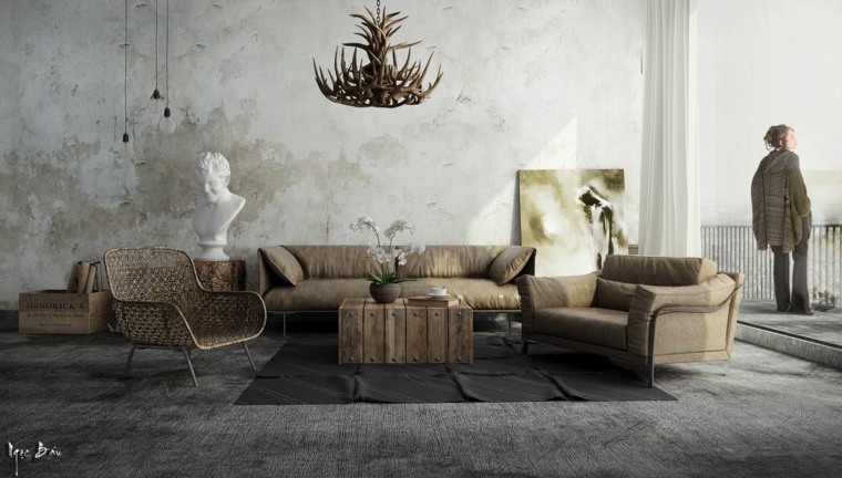 design contemporain intérieur idée canapé marron beige chandelier tapis sol gris idée fauteuil