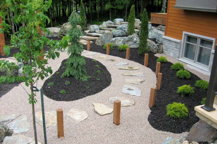 design espace extérieur moderne idée allée de jardin pierres déco plante
