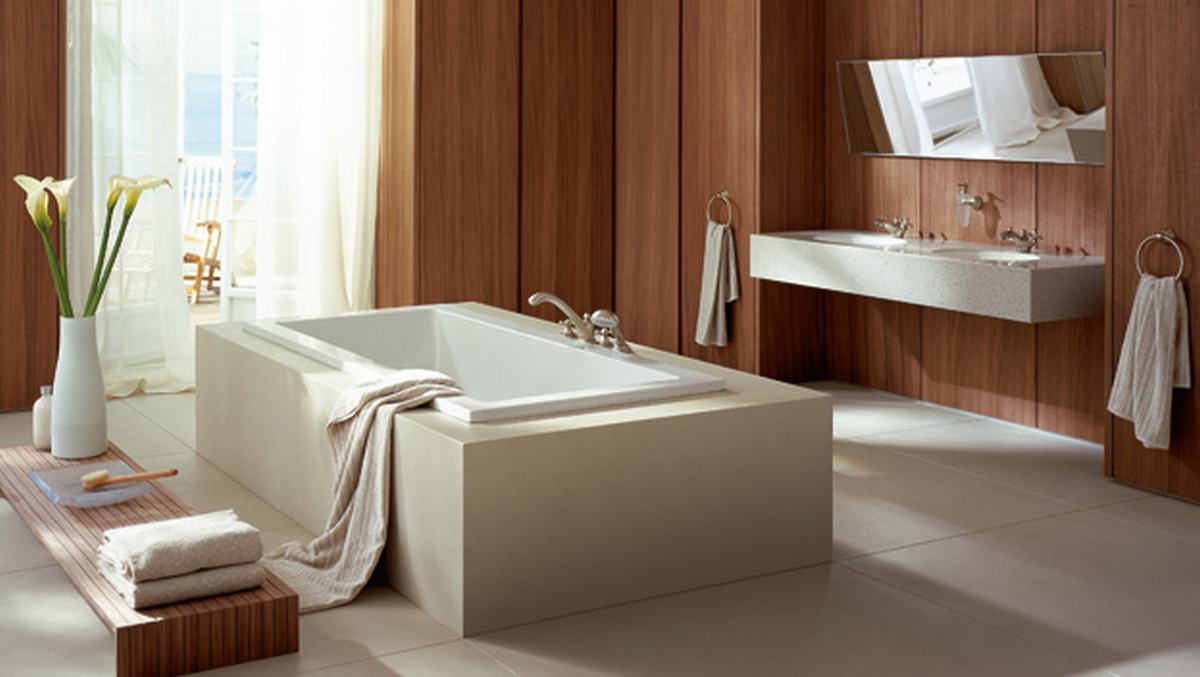 idee deco salle de bain bois brun et blanche couleurs