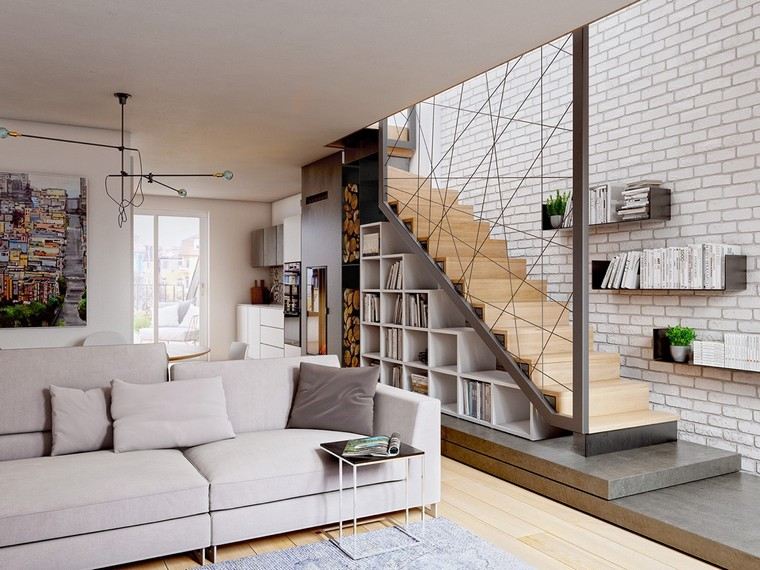design contemporain escalier bois idée mur briques canapé gris clair