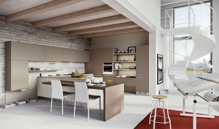 cuisine ouverte design idée bar en bois intérieur étagères escalier blanc