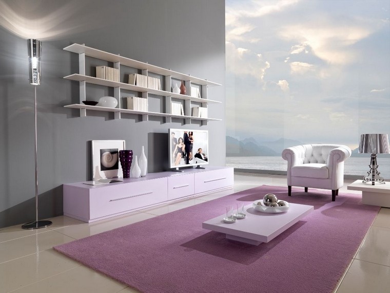 idée salon déco mur étagères ouvertes fauteuil tapis violet