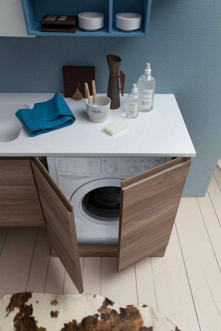 meuble machine à laver facade cuisine bois plan de travail blanc lave linge portes