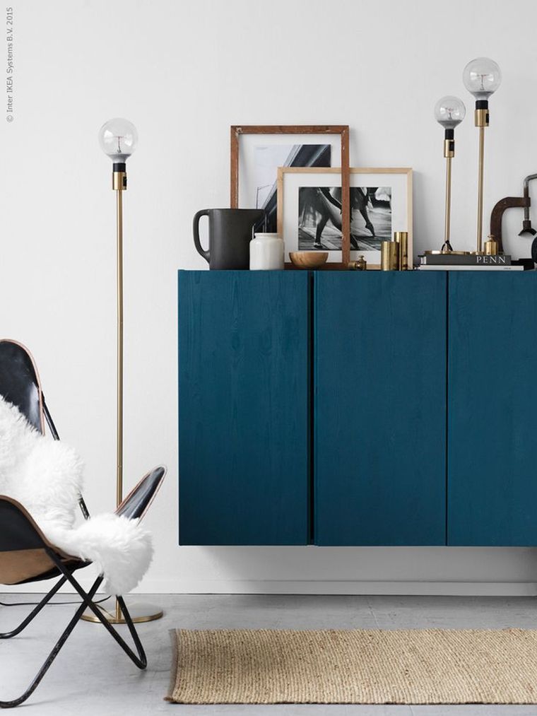 ikea salon rangement mural meuble couleur bleu canard