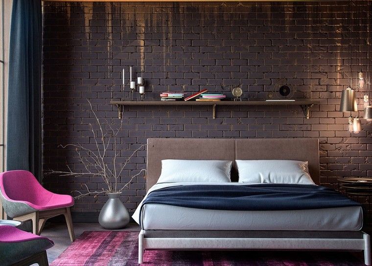 intérieur chambre mur briques fauteuil violet étagère bois tapis sol déco vase