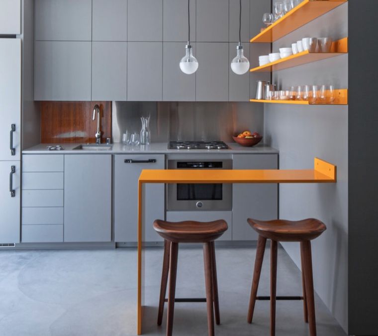 modele petite cuisine avec bar meuble tabouret decoration plan de travail couleur grise