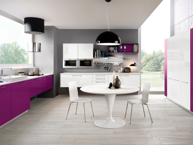 placard cuisine coin repas table ronde blanc violet couleur grise mobilier bas violet