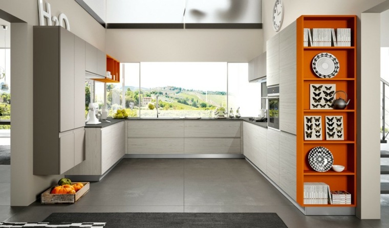 placard cuisine orange peinture grise et blanche etagere rangement ouvert design