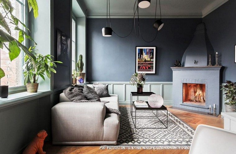 salon couleur taupe idée canapé plante tapis sol cheminée déco mur luminaire