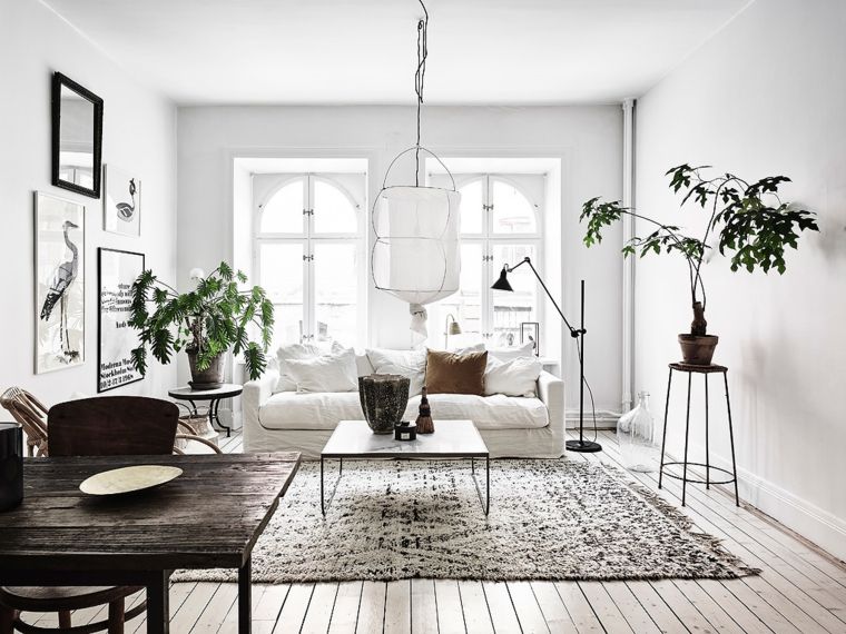 inspiration salon ethnique chic canapé blanc design tapis de sol fauteuil idée