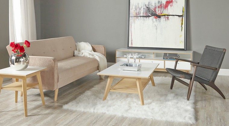 salon design mur peinture grise idée canapé coussins tapis sol table basse bois