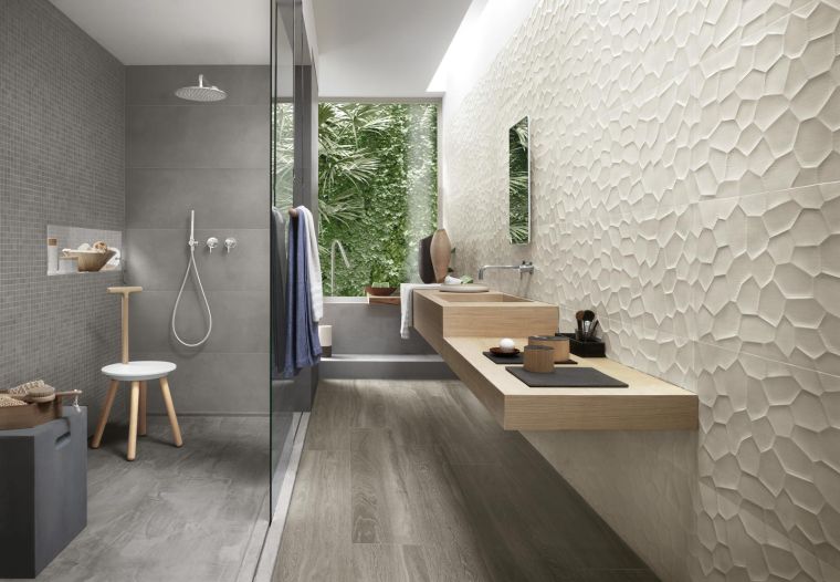 carrelage intérieur design 3D decoration salle de bain meuble bois suspendu