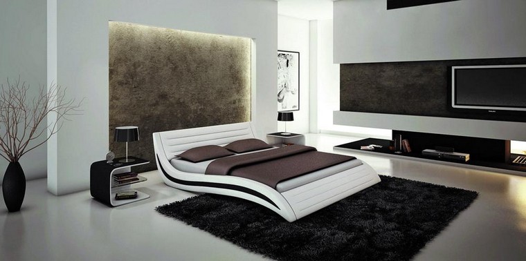 chambre à coucher intérieur lit cadre choisir idée tapis sol noir