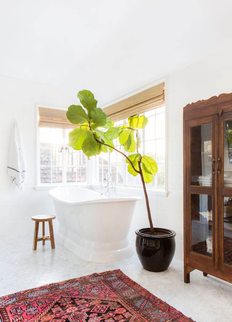 objet déco salle de bain couleur blanche idee meuble bois plantes vertes intérieur