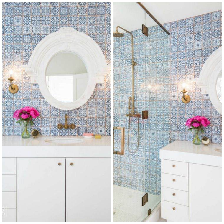 exemple de déco salle de bain bleu mobilier moderne carrelage blanc bleu cabine douche