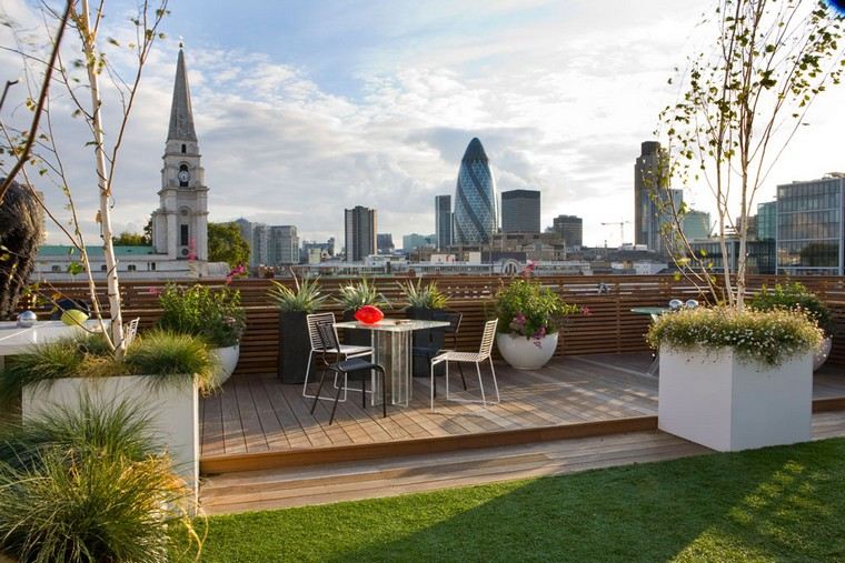 revêtement terrasse de toit idée bois essence extérieur moderne plante pot