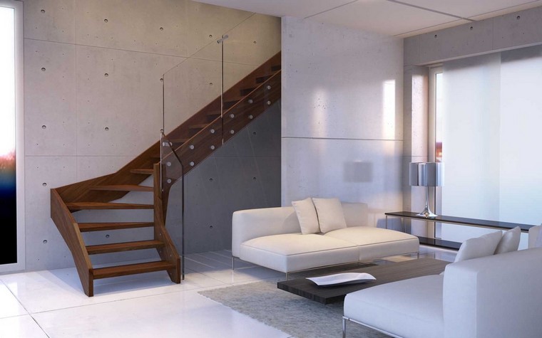 intérieur moderne escalier bois idée canapé blanc salon design