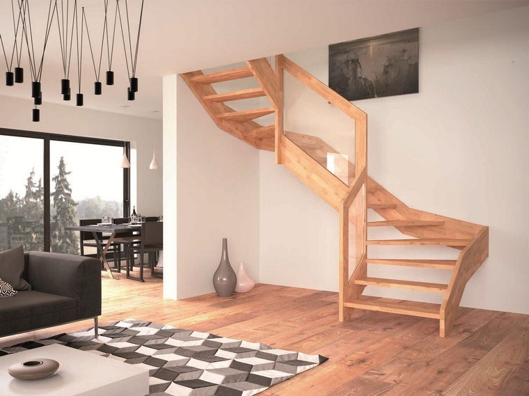 escalier intérieur design bois idée parquet bois luminaire suspension canapé noir luminaires suspension