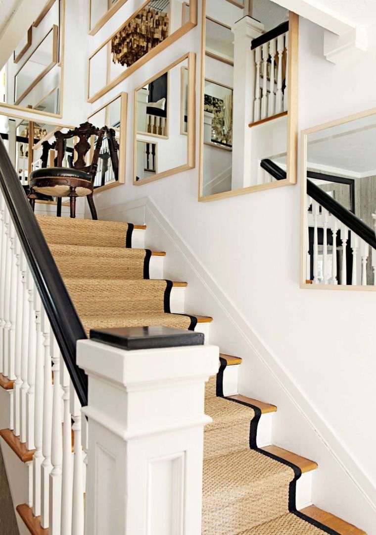 escalier moderne jonc de mer peinture blanc rampe escalier bois tapis long 