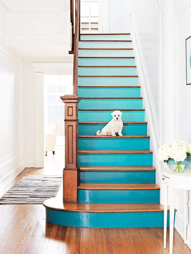 escalier moderne renovation deco bois couleur peinture bleu