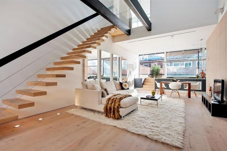 escalier suspendu bois interieur design moderne couleur de peinture blanche salon