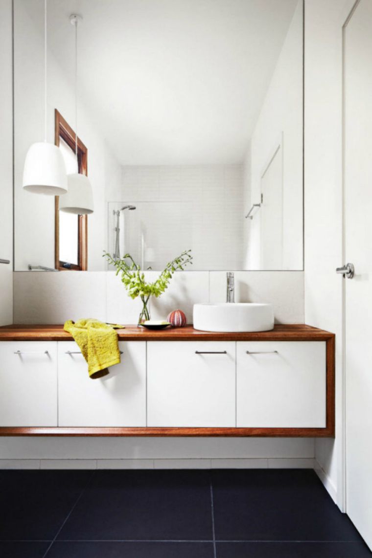 grand miroir rectangulaire moderne decoration salle de bain meuble bois blanc