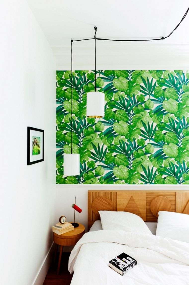 idée déco chambre adulte petit espace modele tetes de lit bois poster mural vert