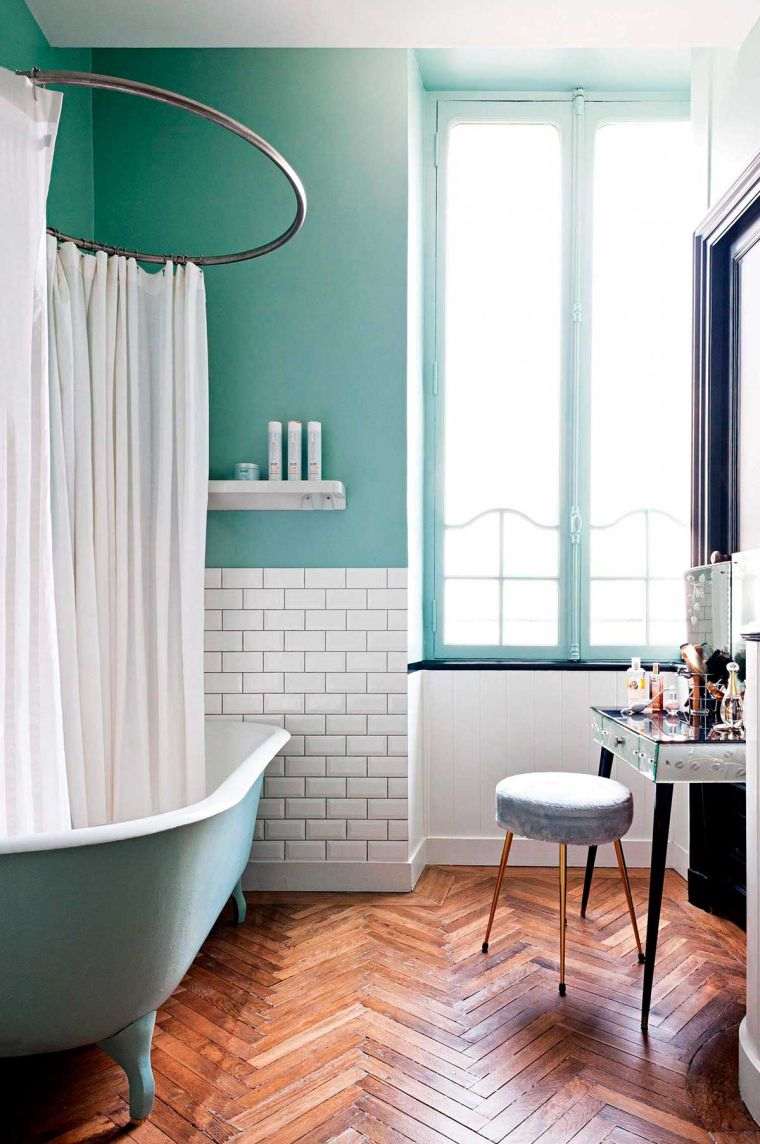 salle de bain vert deco couleur tendance peinture rideau douche