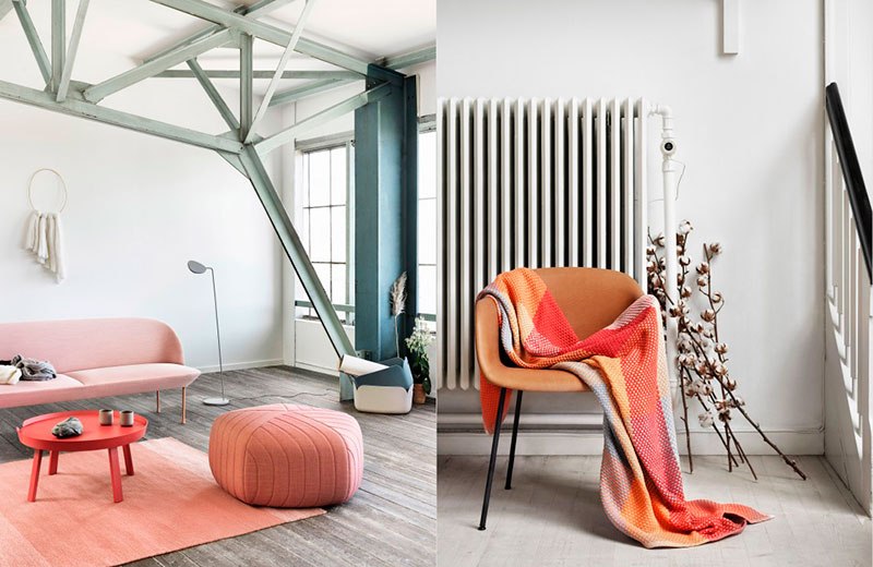 association couleurs idée intérieur canapé rose pouf chaise fauteuil parquet bois