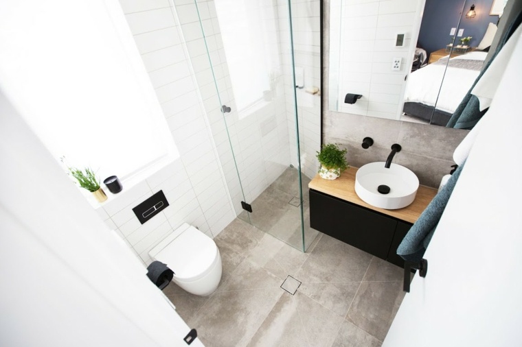 meuble noir salle de bain bois petite cabine douche verre