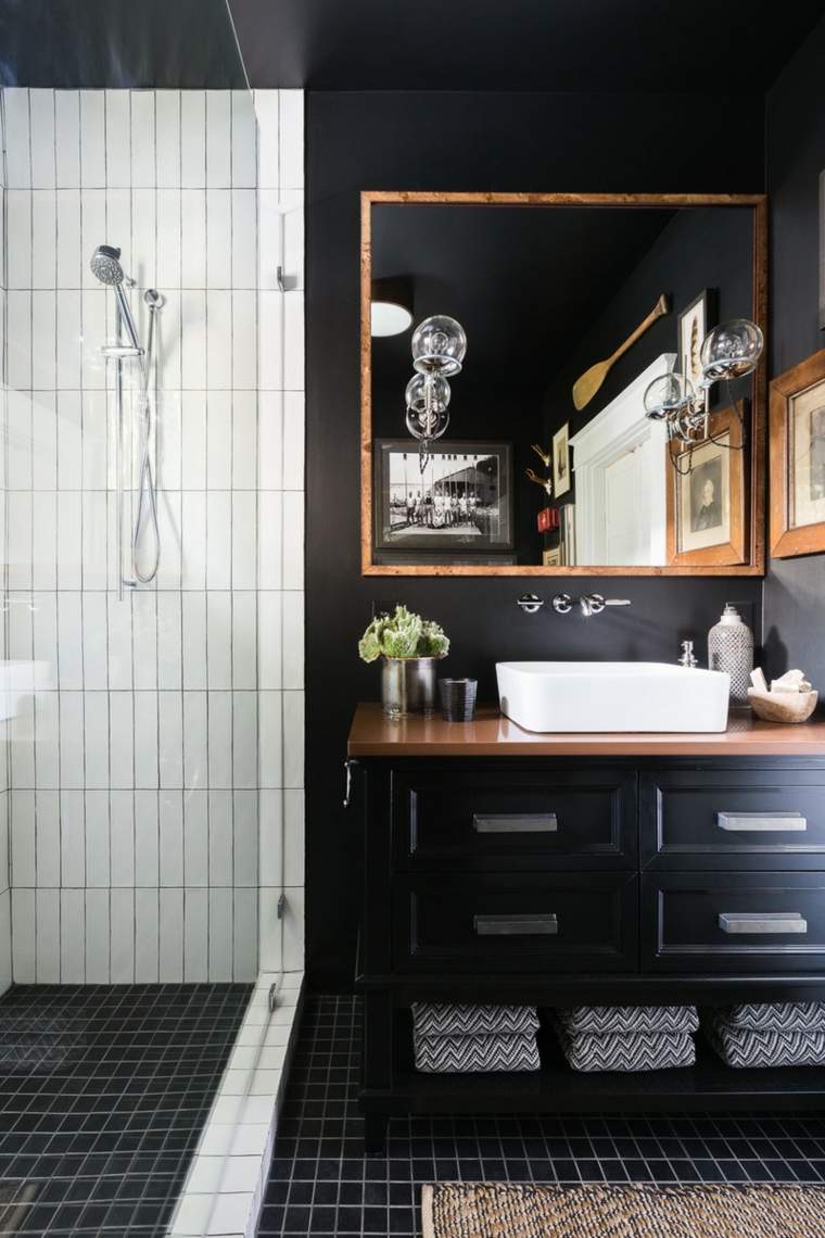 meuble salle de bain noir idee couleur mur decoration bois