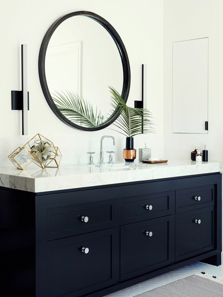 meuble salle de bain noir idee plan de travail marbre