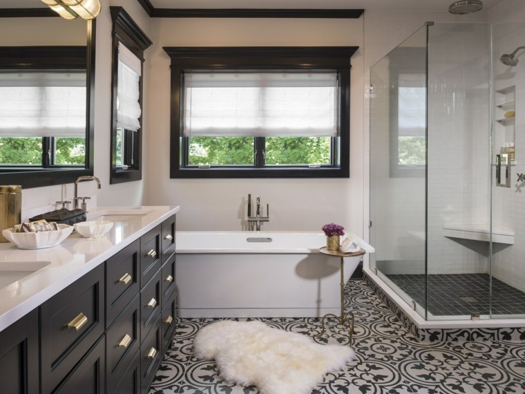 idee meuble salle de bain vasque mobilier noir baignoire blanche