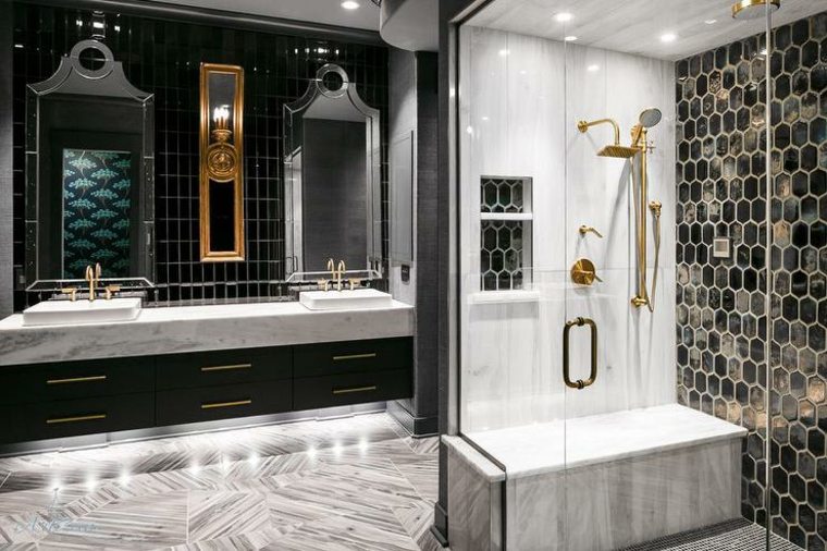 meuble vasque salle de bain noir et blanc cabine douche rangement suspendu