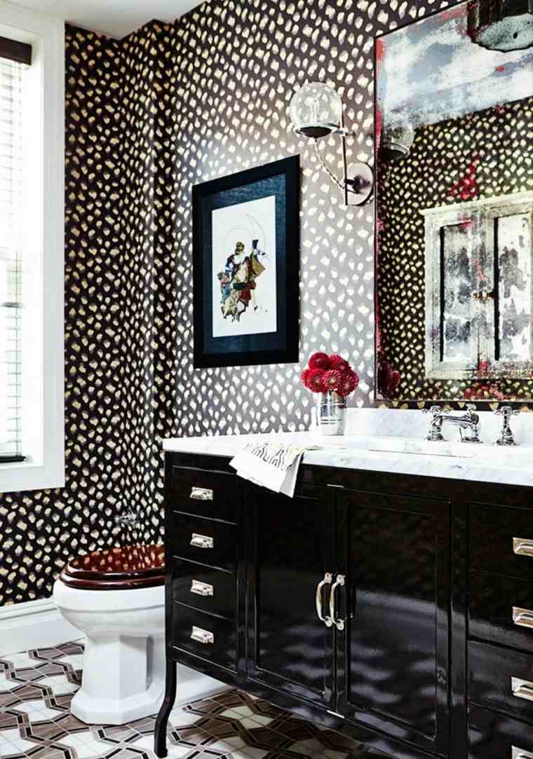 meuble noir vasque salle de bain deco mur papier peint design carreaux mosaique