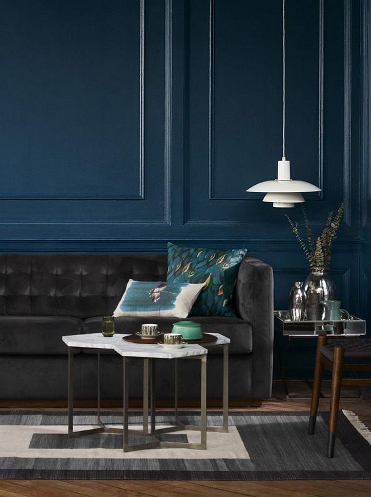 gris bleu salon idée canapé luminaire suspension table basse tapis sol