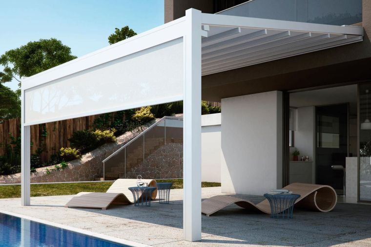 pergola adossée terrasse piscine design moderne panneau protection soleil
