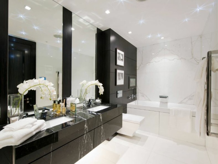 salle de bain noir rangement marbre meuble vasque suspendu luminaire eclairage led