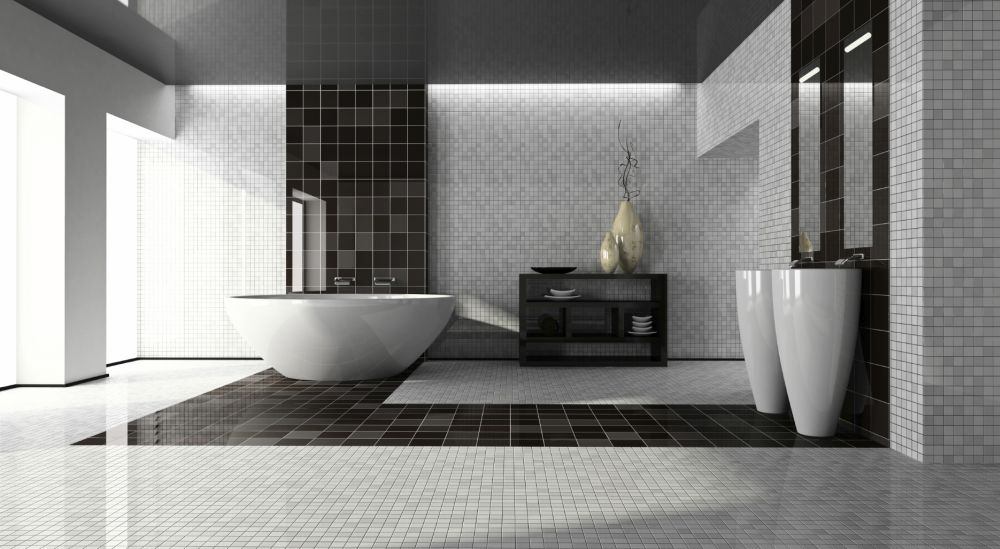 salle de bain simple et moderne baignoire lavabo double carrelage noir blanc