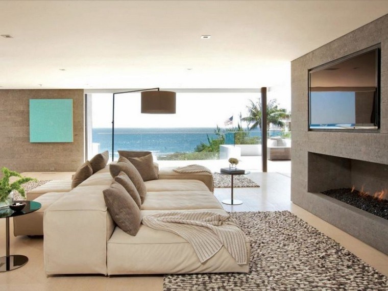 intérieur salon moderne canapé tapis de sol télé idée table basse