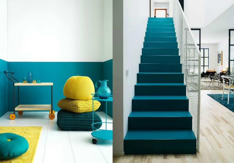 déco chambre bleu canard idée escalier pouf jaune moderne idée