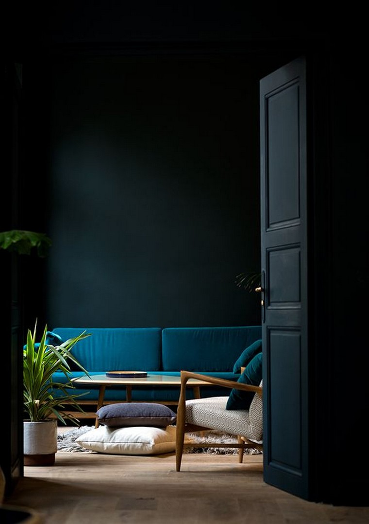 canapé bleu salon idée table basse plante déco fauteuil chaise coussins