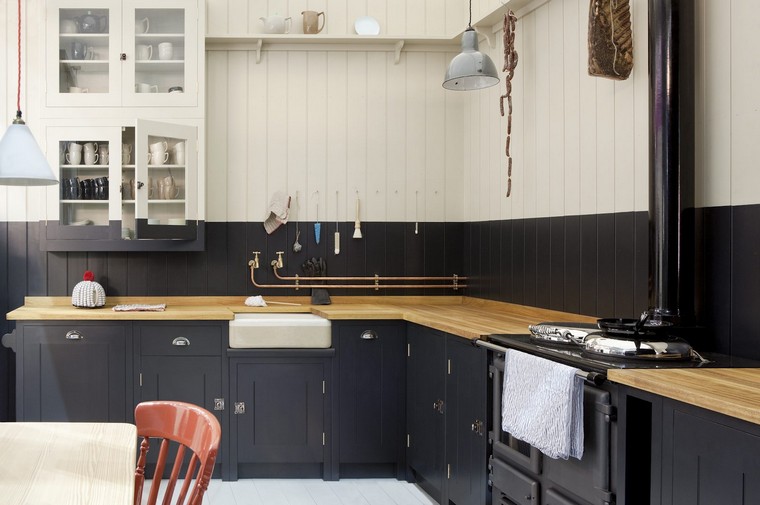 cuisine bois blanc gris idée intérieur moderne plan de travail luminaire