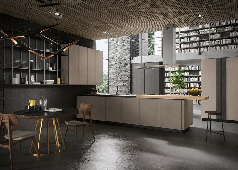 cuisine industriel idée intérieur ilot tabouret salle à manger plafond en bois
