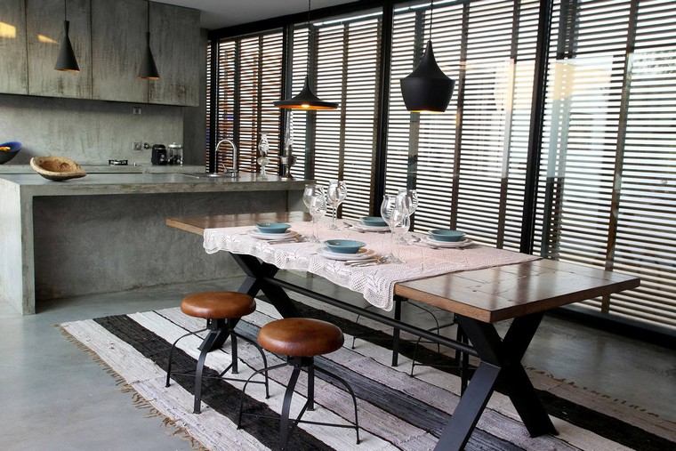 cuisine style industriel design idée ilot cuisine table en bois tabourets cuir