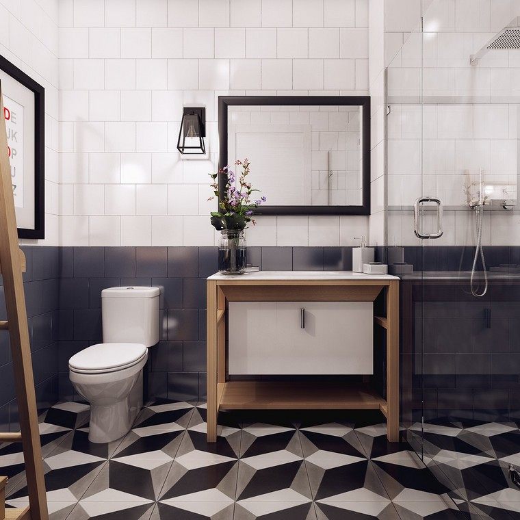 salle de bain design idée carrelage sol miroir meuble bois